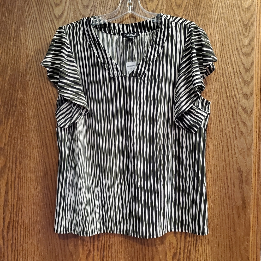 Roz & Ali V-Neck Flutter Sleeve Blouse-Black/Green/White-Size L - NEW